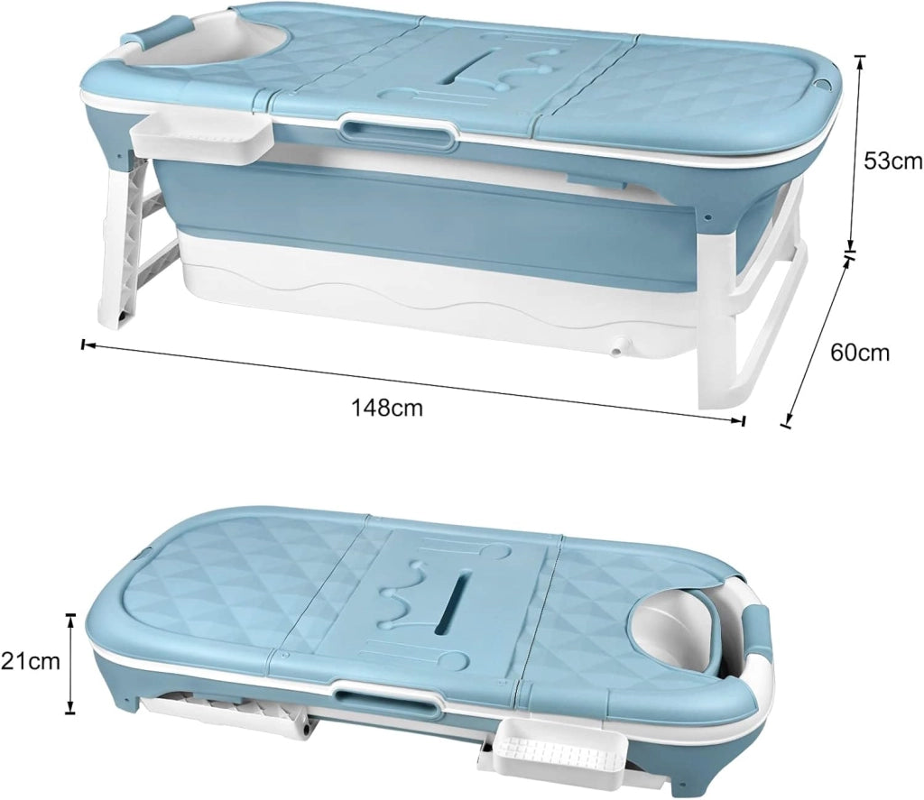 Vasca da bagno pieghevole per adulti, 148 x 60 x 53 cm, con copertura e cestino, mobile pieghevole, autoportante per bagno, doccia e balcone, blu