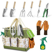 Set di attrezzi da giardino 9 pezzi – attrezzi da giardino in acciaio inossidabile con una grande e pratica borsa di trasporto e guanti protettivi | Per principianti e professionisti | Un regalo pratico per gli appassionati di giardinaggio