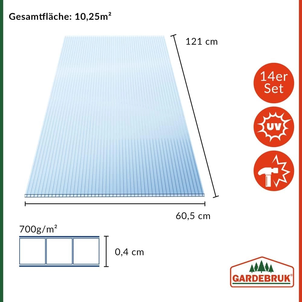 ® 14x Lastre Alveolari Policarbonato 4mm 10,25 m² Pannelli Serra Doppia Parete 1210x605 50x Clip in Acciaio Inox