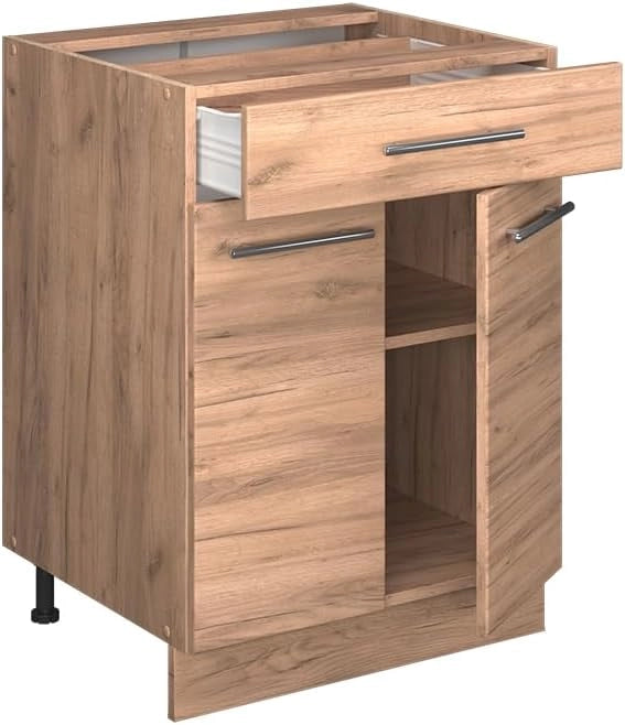 Mobiletto base per cucina Fame-Line, Quercia dorata, 60 cm con cassetto, senza piano di lavoro