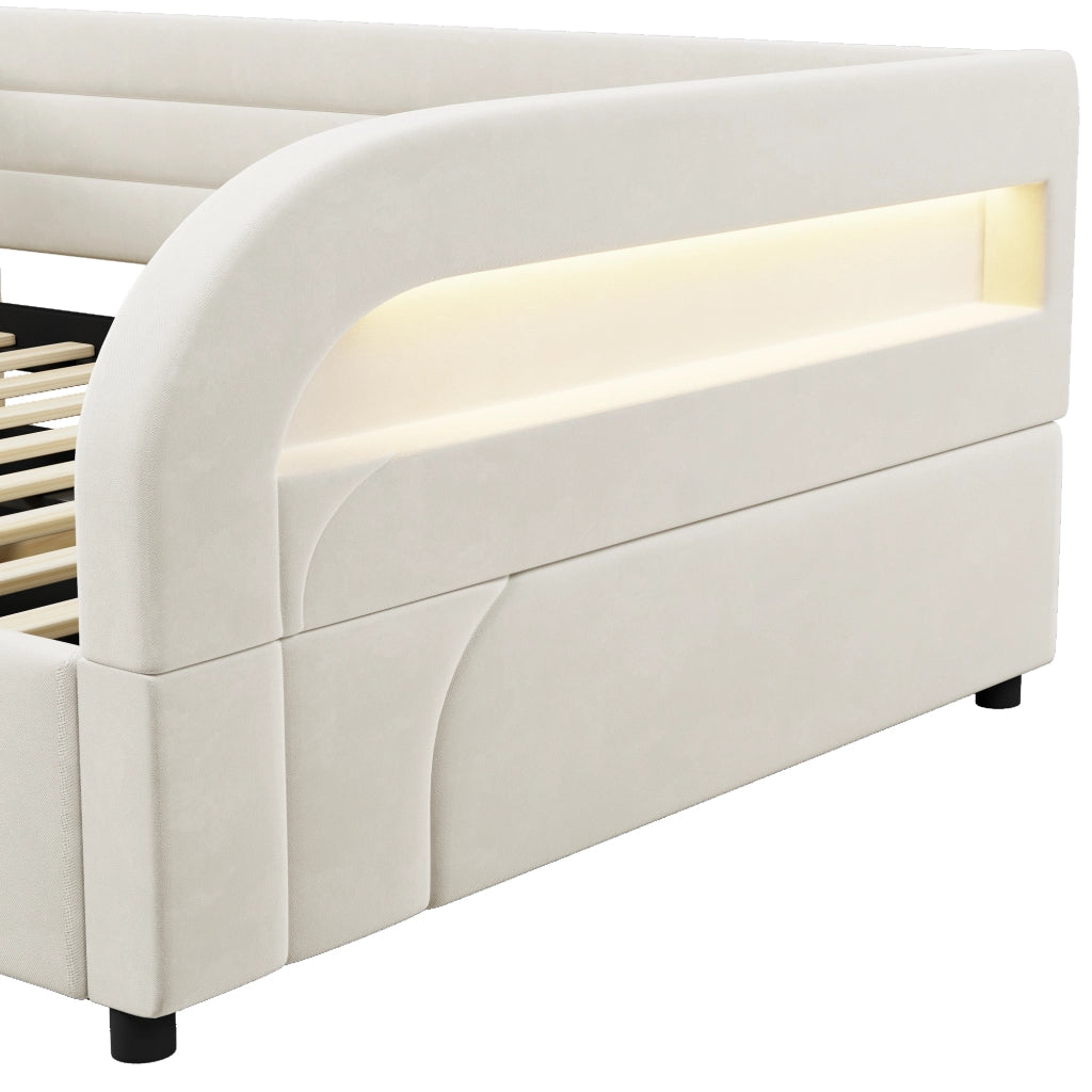 Letto Contenitore 140x200 cm con Rialzo Idraulico e Luce a LED; Beige