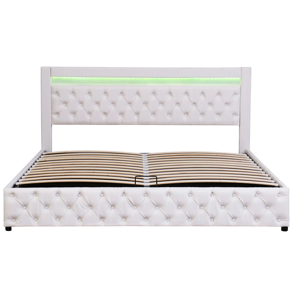 Letto imbottito contenitore 180x200 ¨C Minimal ¨C Bianco similpelle con LED rete a doghe
