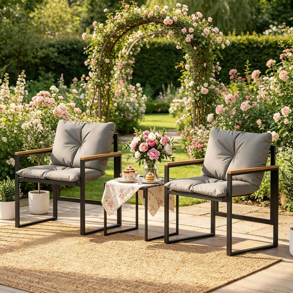 SET GIARDINO 3 PEZZI 64x62x68 cm Nero Grigio Metallo e Textilene