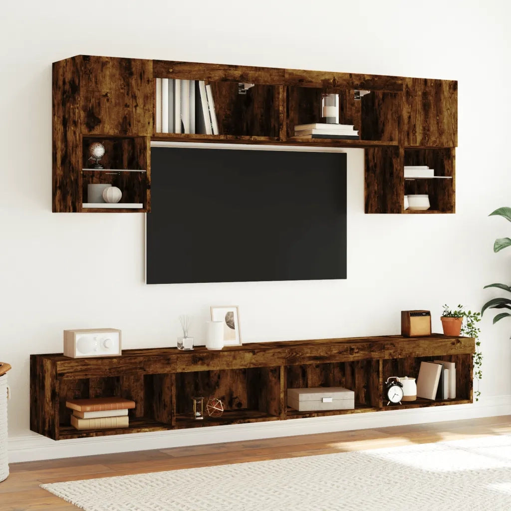 Mobili TV a Muro con LED 6pz Rovere Fumo in Legno Multistrato 3216708