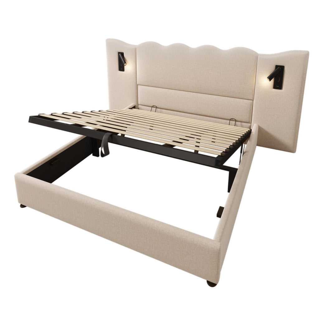 Letto contenitore 180x200 cm con lampada da lettura e ricarica USB e Type-C in lino beige