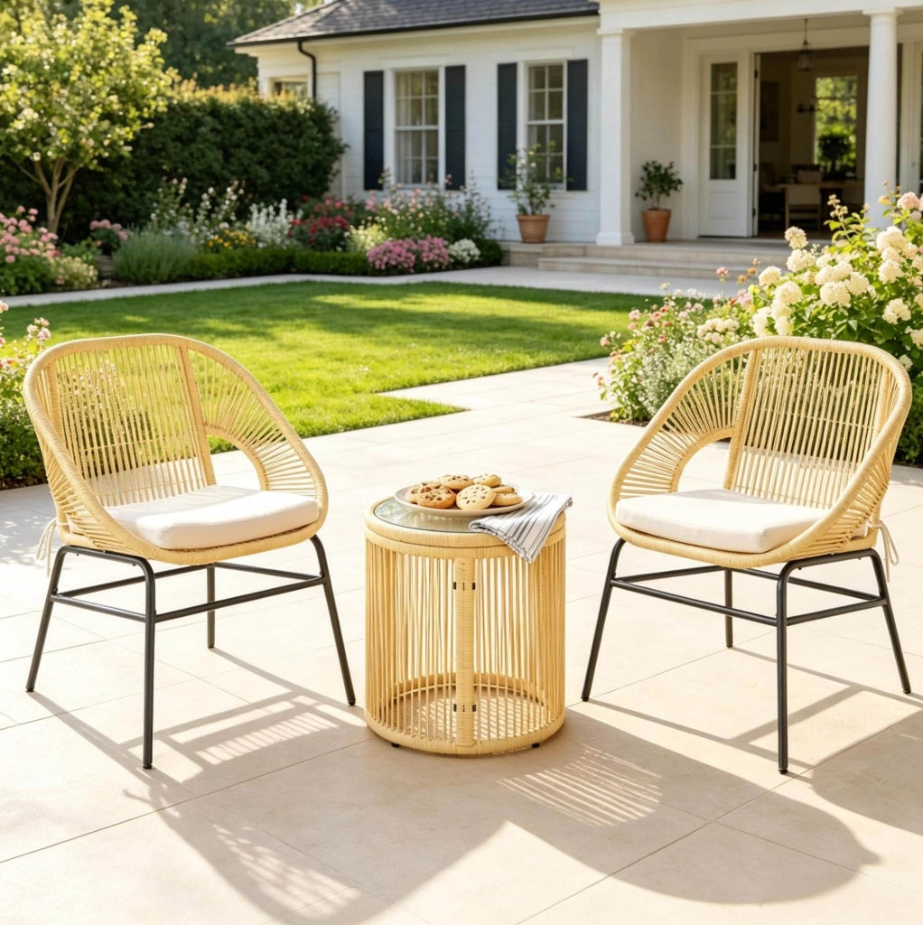 Set lounge da balcone 2 posti in rattan sintetico beige con tavolino in vetro temperato