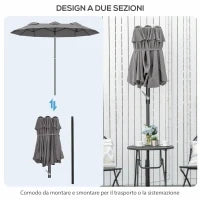 Ombrellone Doppio Inclinabile a 45° con Manovella e Prese d'Aria, in Acciaio e Poliestere, 285x147x227 cm, Grigio