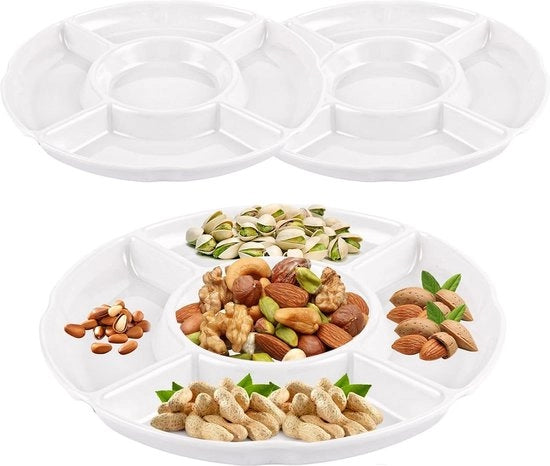 Scatole per snack in plastica - 3 pezzi - 25 x 25 cm - bianche - con 5 contenitori - tavoli da servizio per snack, dolci e frutta