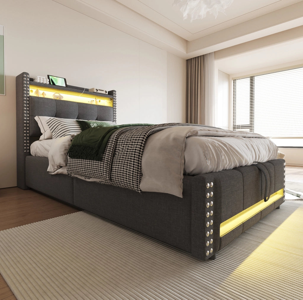 Letto imbottito multifunzionale 90x200 cm con LED, USB e contenitore