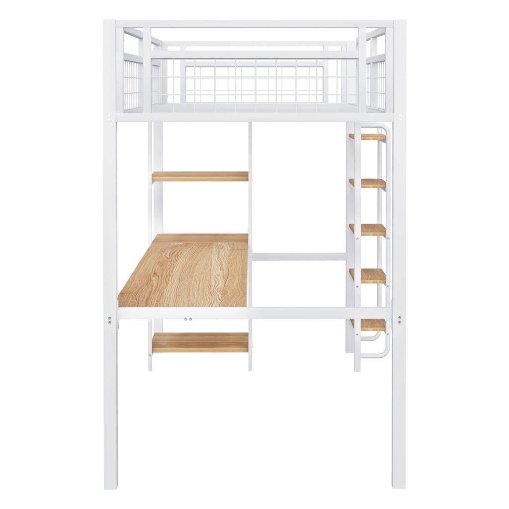 DESMIU Letto a soppalco singolo con scrivania, scaffali e scala sicura 90 × 200 cm, senza materasso, bianco