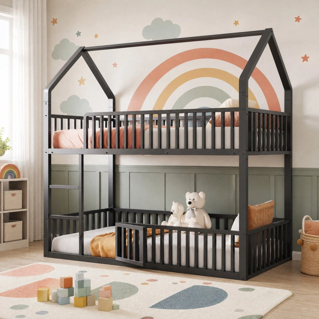 Letto a castello in metallo 90x200 cm con scala frontale, design a casa, nero