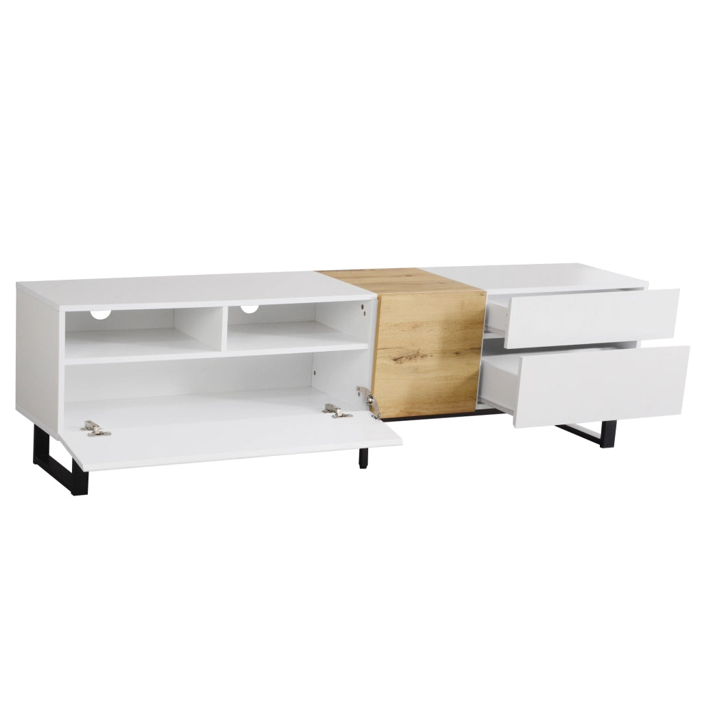 OKWISH Mobile TV con 2 Ante 2 Cassetti e 2 Vani Aperti, Stile Moderno per Soggiorno, MDF Bianco e Legno 180 x 38 x 50 cm
