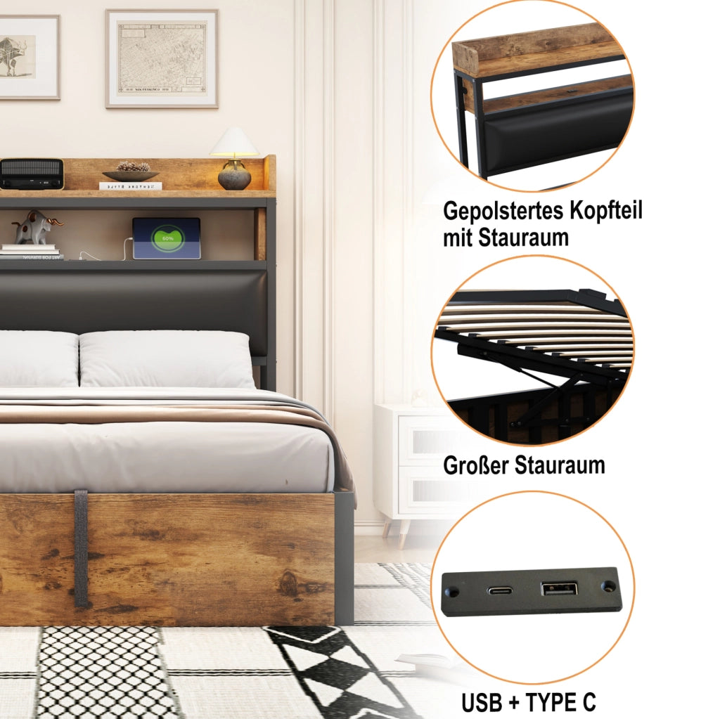 Letto singolo 90x200 cm con contenitore idraulico e USB nero