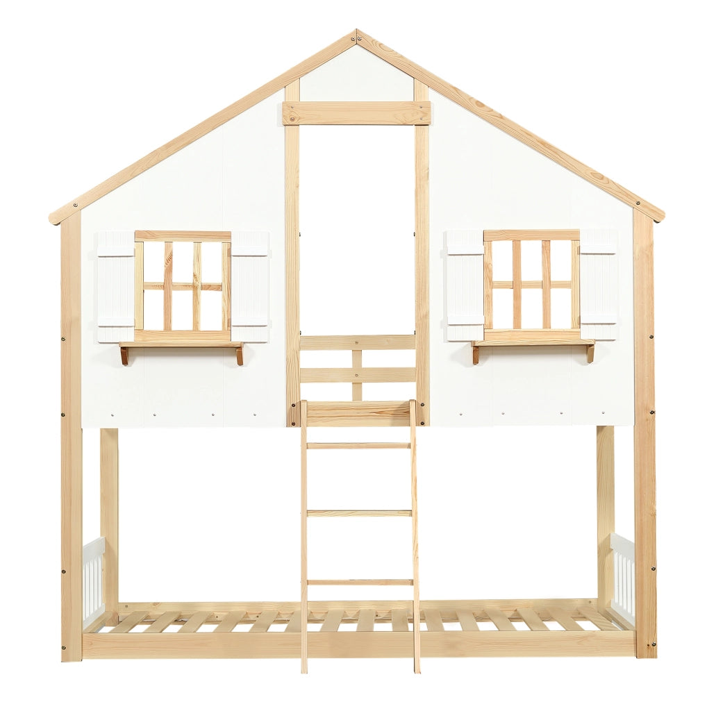 Letto a castello 90x200 cm con scala inclinata; finestre e tetto in pino e MDF bianco naturale