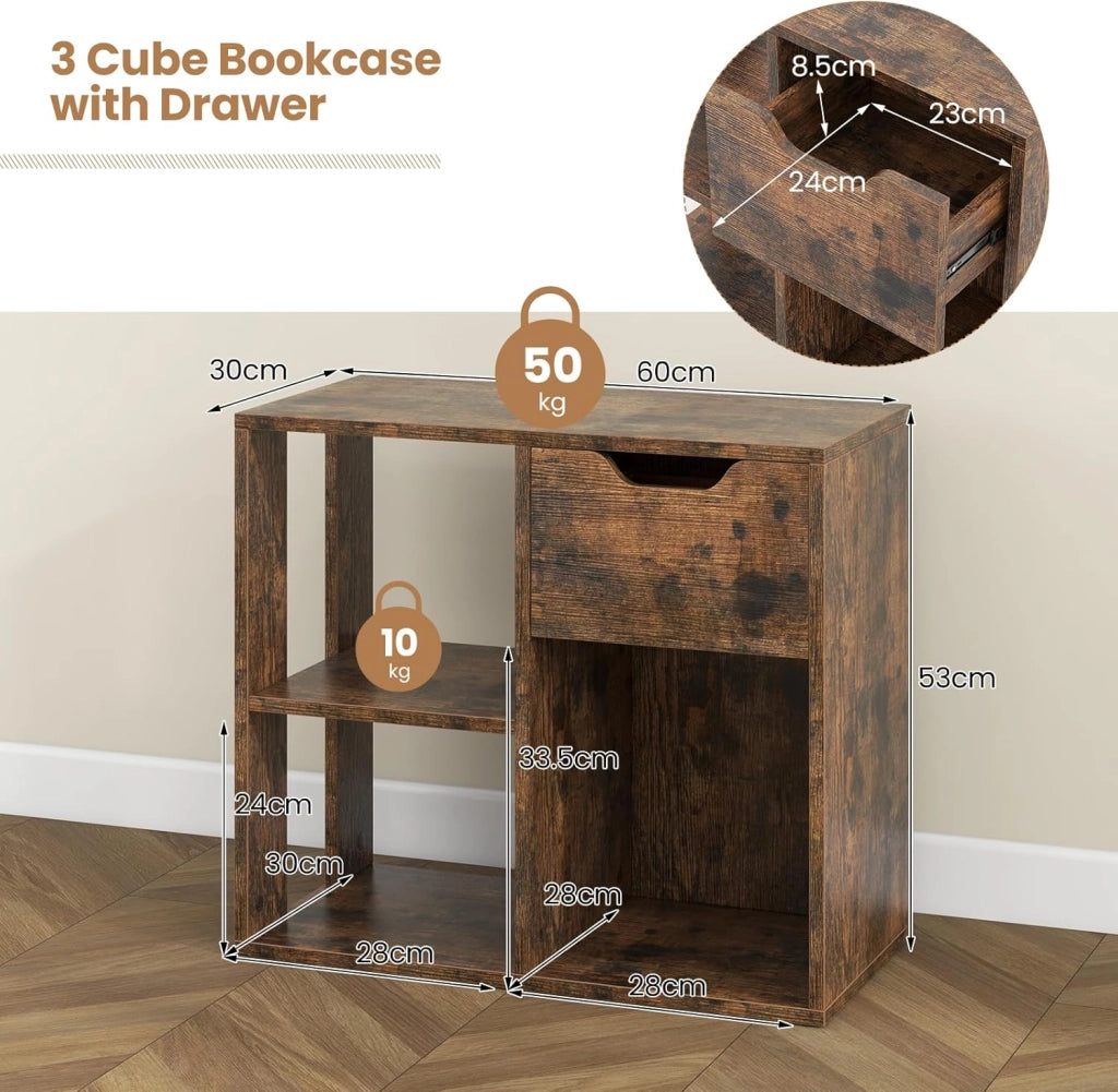Libreria, scaffale con 1 cassetto e 3 cubi, 60 x 30 x 53 cm, scaffale a cubi autoportante per soggiorno, studio, ufficio (marrone)