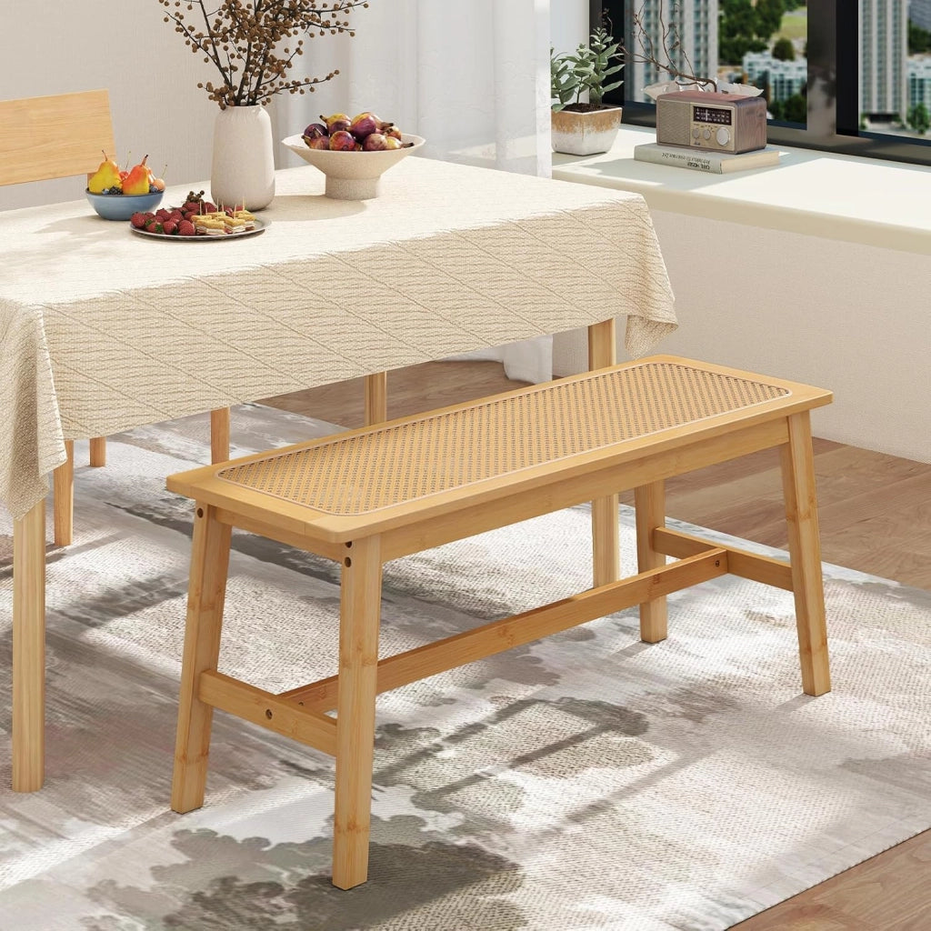 Panca da Pranzo 100 cm in Bambù Naturale, Panchina per 2 Persone con Seduta Rattan Intrecciato a Mano, Panca Stile Fattoria per Cucina, Bagno e Camera da Letto, Sgabello per Scarpe