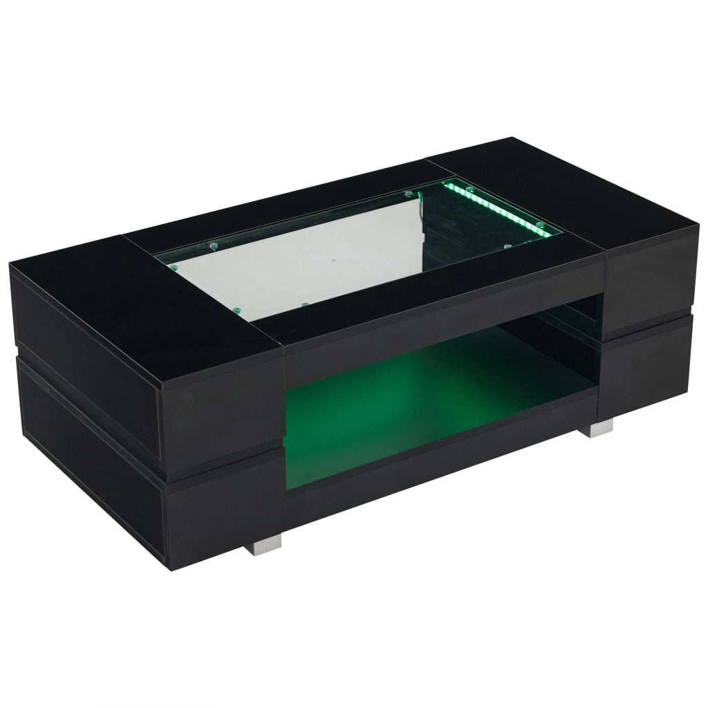 Tavolino da caffè con LED e vano aperto - per soggiorno - in truciolato e vetro temperato - 100×50×35 cm - nero