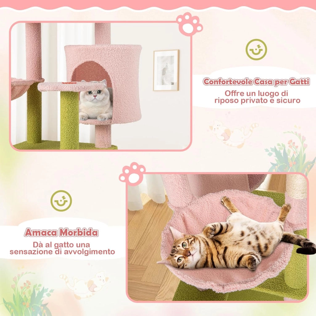 Tiragraffi per Gatto Alto 150 cm Stile Floreale, Albero Tiragraffi Gatti con Pali in Sisal, Piattaforme, Grotta e Pompon, Torre Gatto Rivestito in Peluche, Rosa e Verde