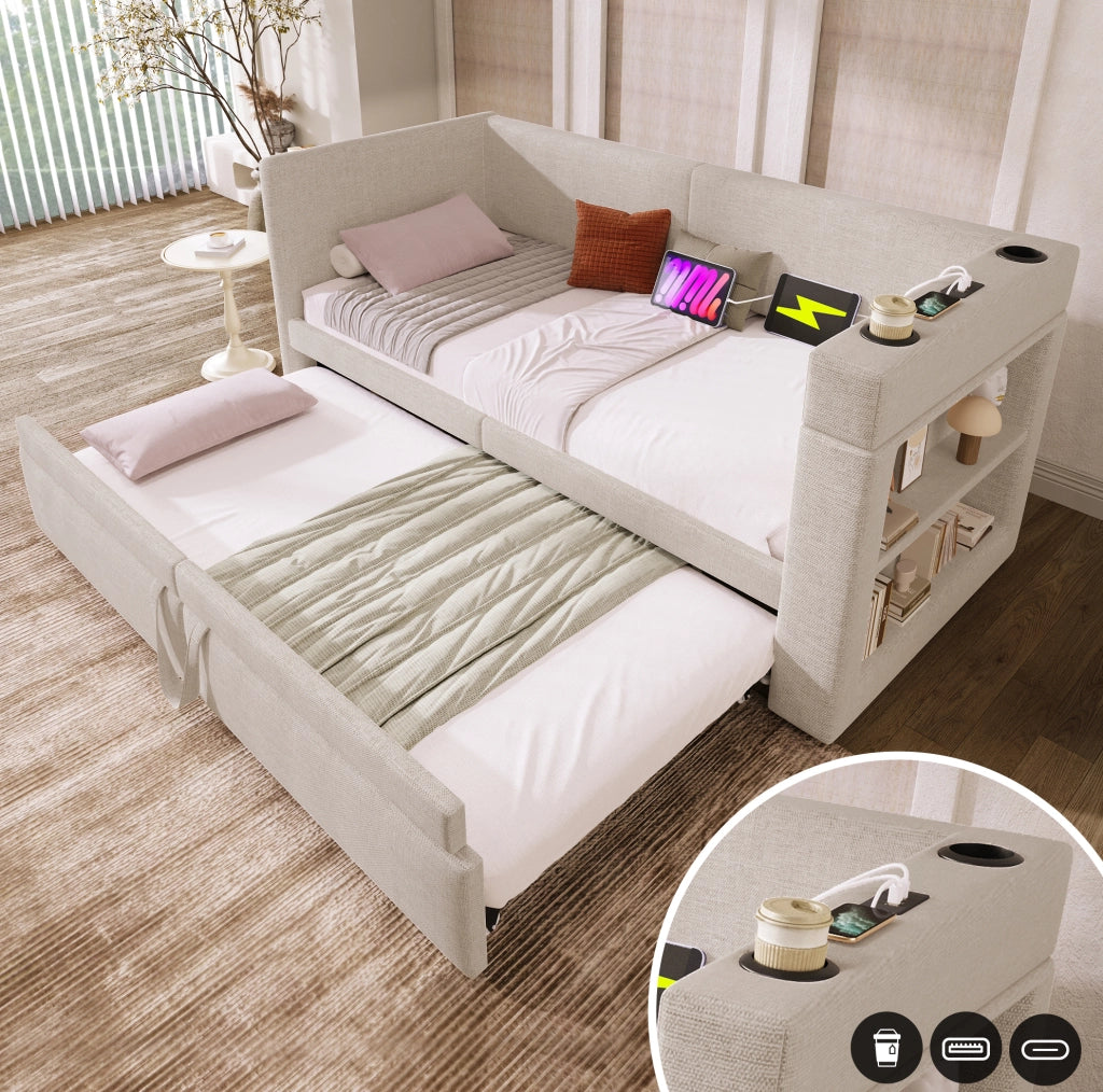 Divano letto ULEVR 90x200 cm con letto estraibile, USB, Type-C e portabevande, beige