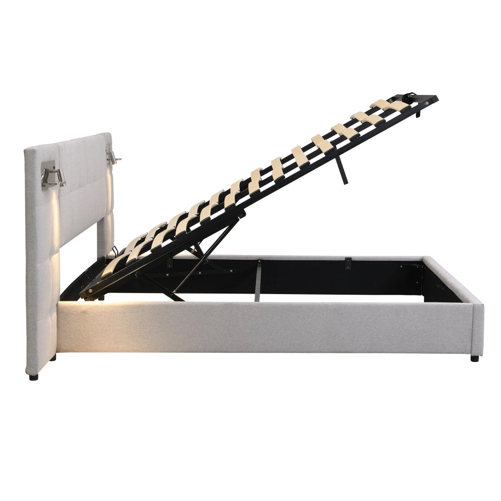 Letto Contenitore 180x200 cm idraulico con USB; ricarica wireless e luce; in Lino Grigio