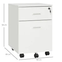 Cassettiera Ufficio a 2 Cassetti con Serratura e 5 Ruote, in Truciolato, 40x49x58 cm, Bianco