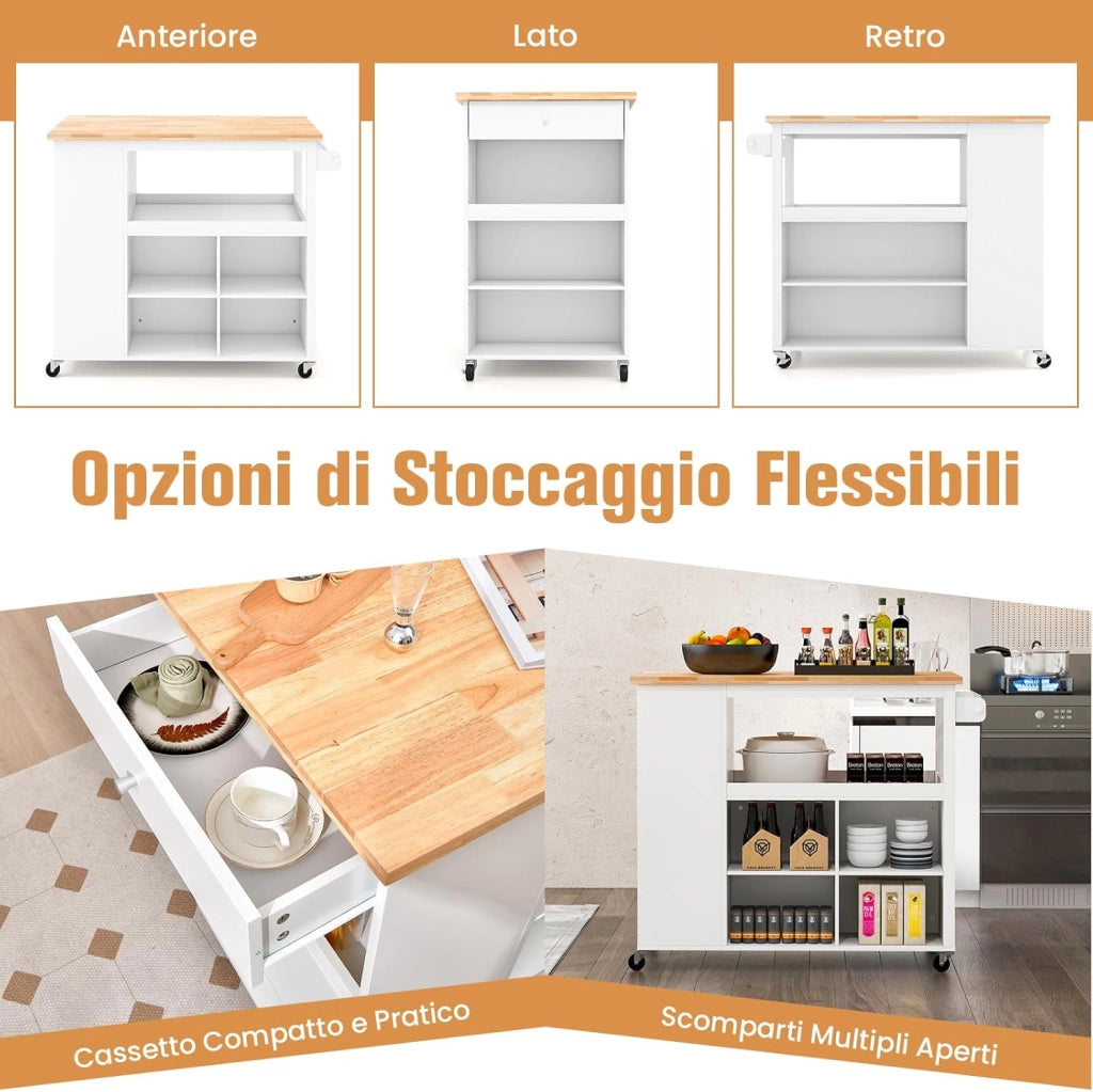 Carrello da Cucina, Carrello con Piano in Legno di Gomma con 4 Ripiani Regolabili Cassetto Ripiani per Spezie Porta Asciugamano e Ruote Bloccabili, 117x60x99 cm (Bianco)