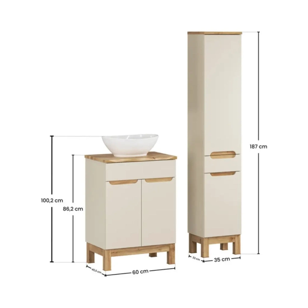 Set ERMANO cashmere 95cm: mobile sottolavabo + piano per lavabo smussato + lavabo da appoggio bianco + colonna