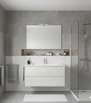 Mobile Bagno LOKI Già Montato 2 cassetti con piedini, lavabo e specchio Bianco nordico 120x45 cm doppio lavabo