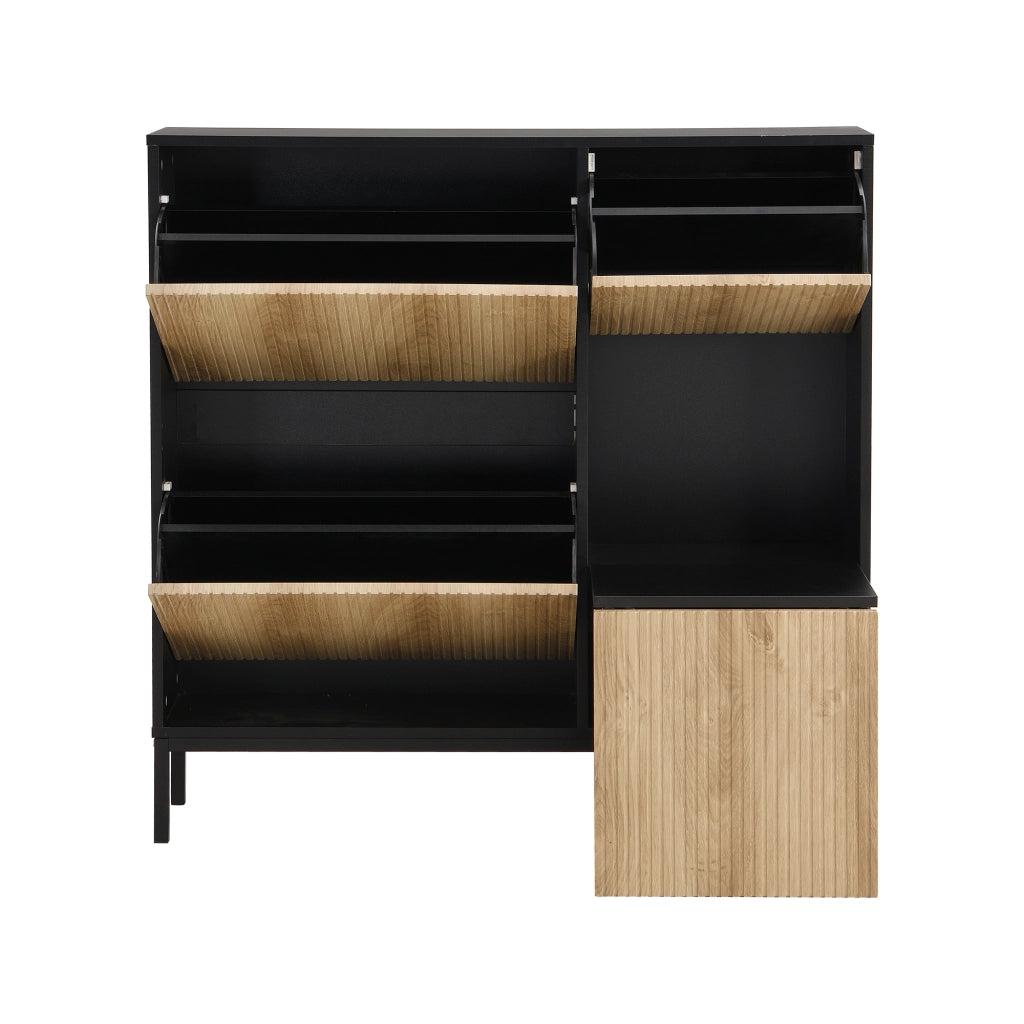 Scarpiera con panca estraibile e ripiani doppi in MDF, vano aperto, per ingresso, nero e naturale 100 × 100 × 25 cm