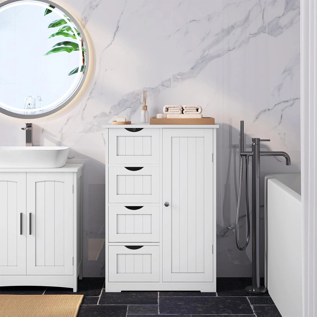 Mobile da Bagno Bianco Con 4 Cassetti e 2 Scomparti Regolabili, Portaoggetti per Camera da Letto/Corridoio/Cucina, 56x30x81cm