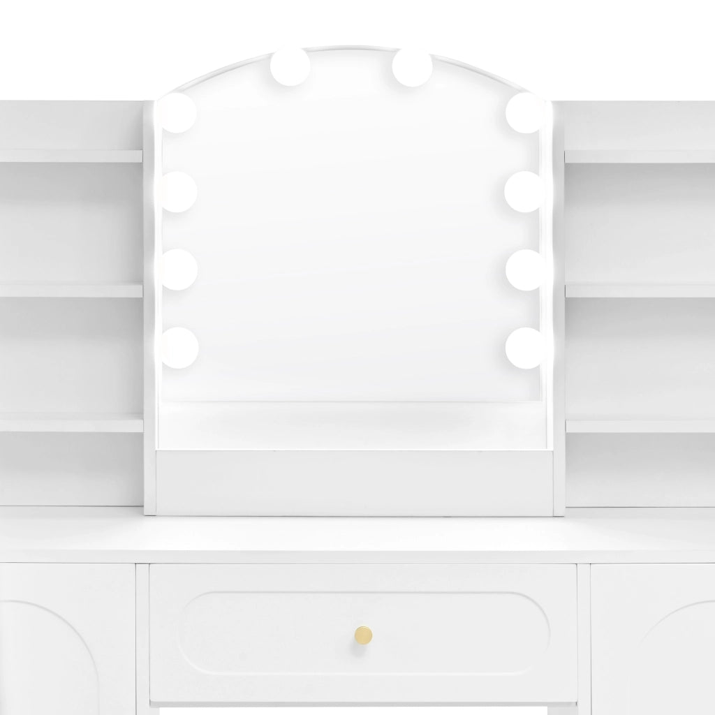 Scrivania Toeletta con Specchio LED, Cassetto e Ante ¨C MINIMAL ¨C Bianco, 110x40x132