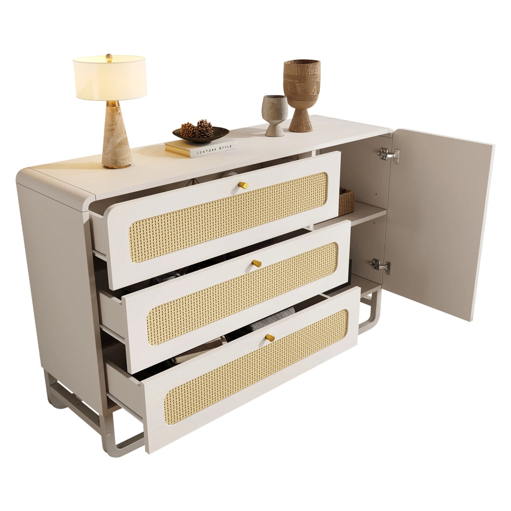 Armadio con Cassetti e Ante ¨C MINIMAL ¨C Bianco, Rattan, 120x85x40 cm