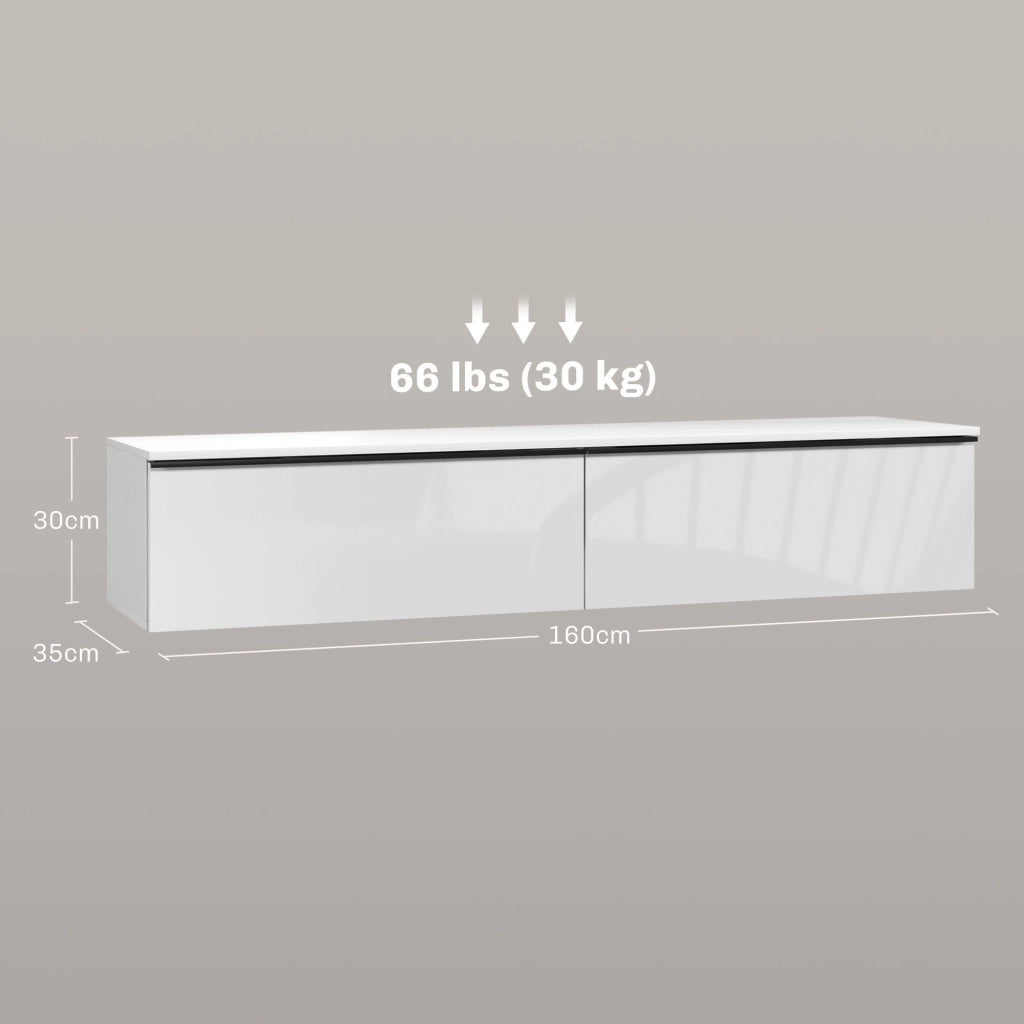 Mobile TV Sospeso con Armadietti con Ante a Ribalta in Legno-Credenza  per TV,160x35x30 cm,Bianco Lucido