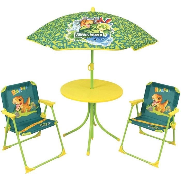 FUN HOUSE Mobili da giardino Jurassic Dinosaur - 1 tavolo 46 x 46 cm, 2 sedie 53 x 38,5 x 37,5 cm e 1 ombrellone 125 x 100 cm