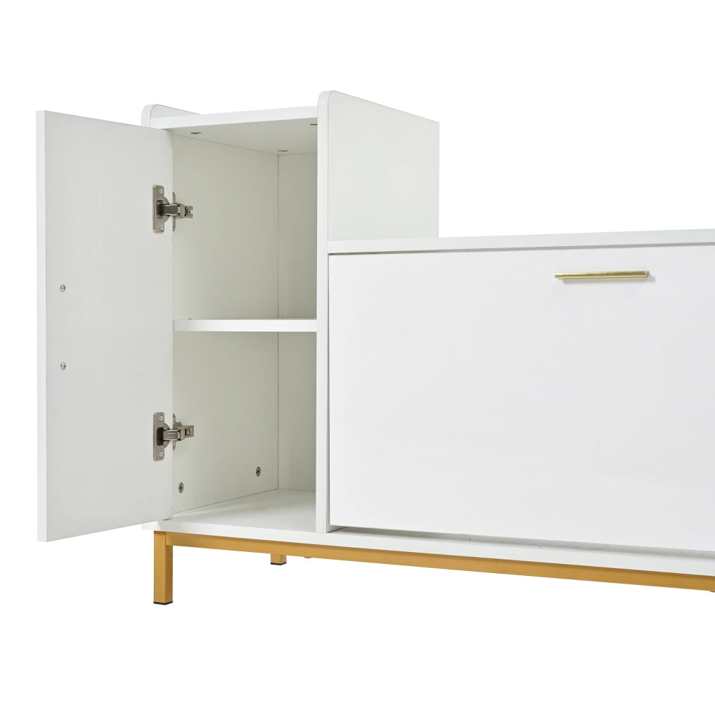Panca scarpiera 100x38x68 cm con seduta imbottita e ante a ribalta in truciolato e metallo bianco e oro