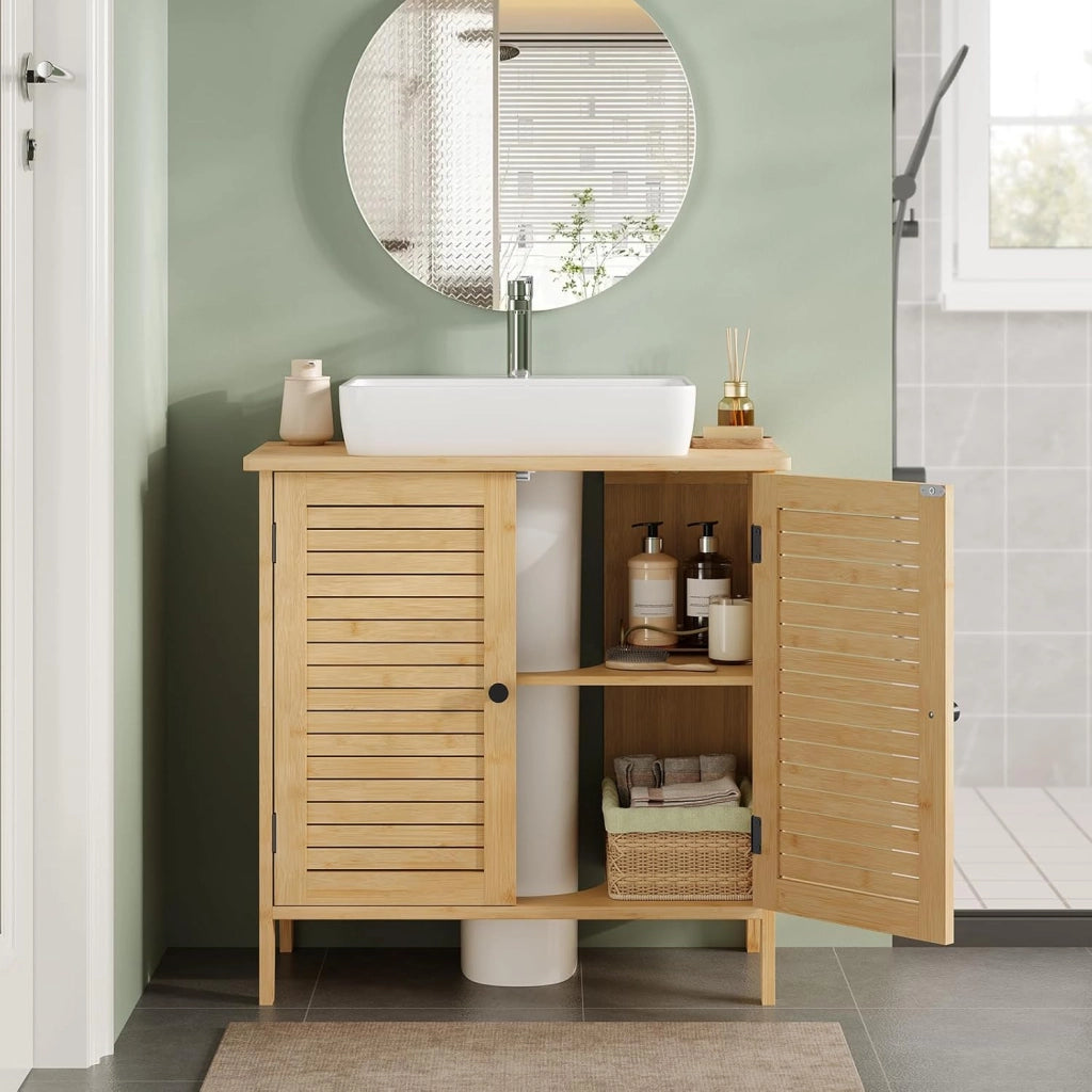 Mobile Da Bagno In Bambù, Base Con Ritaglio Per Sifone 20x23 cm, Armadio Indipendente Con Ante a Griglia e Ripiano Regolabile, 60x30x60 cm