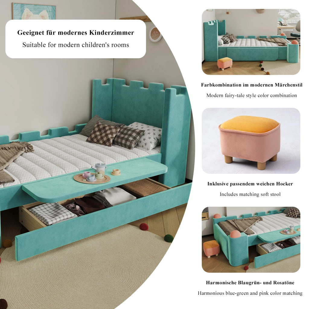 Letto con cassetti 90 × 200 cm con ripiano laterale pieghevole rivestito in velluto francese blu verde