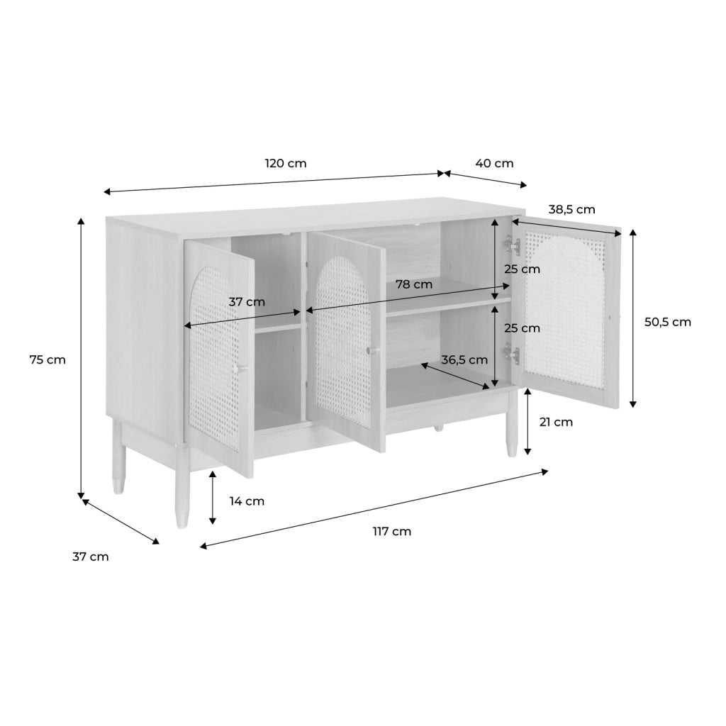 Credenza decorazione legno e canna 3 ante 120cm, marrone naturale