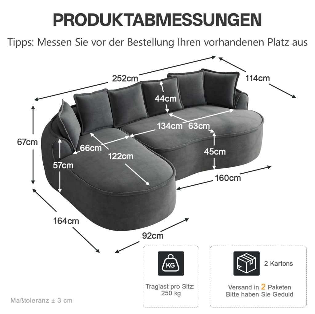 Divano modulare senza struttura in ciniglia grigia con chaise longue; 252x164x67 cm