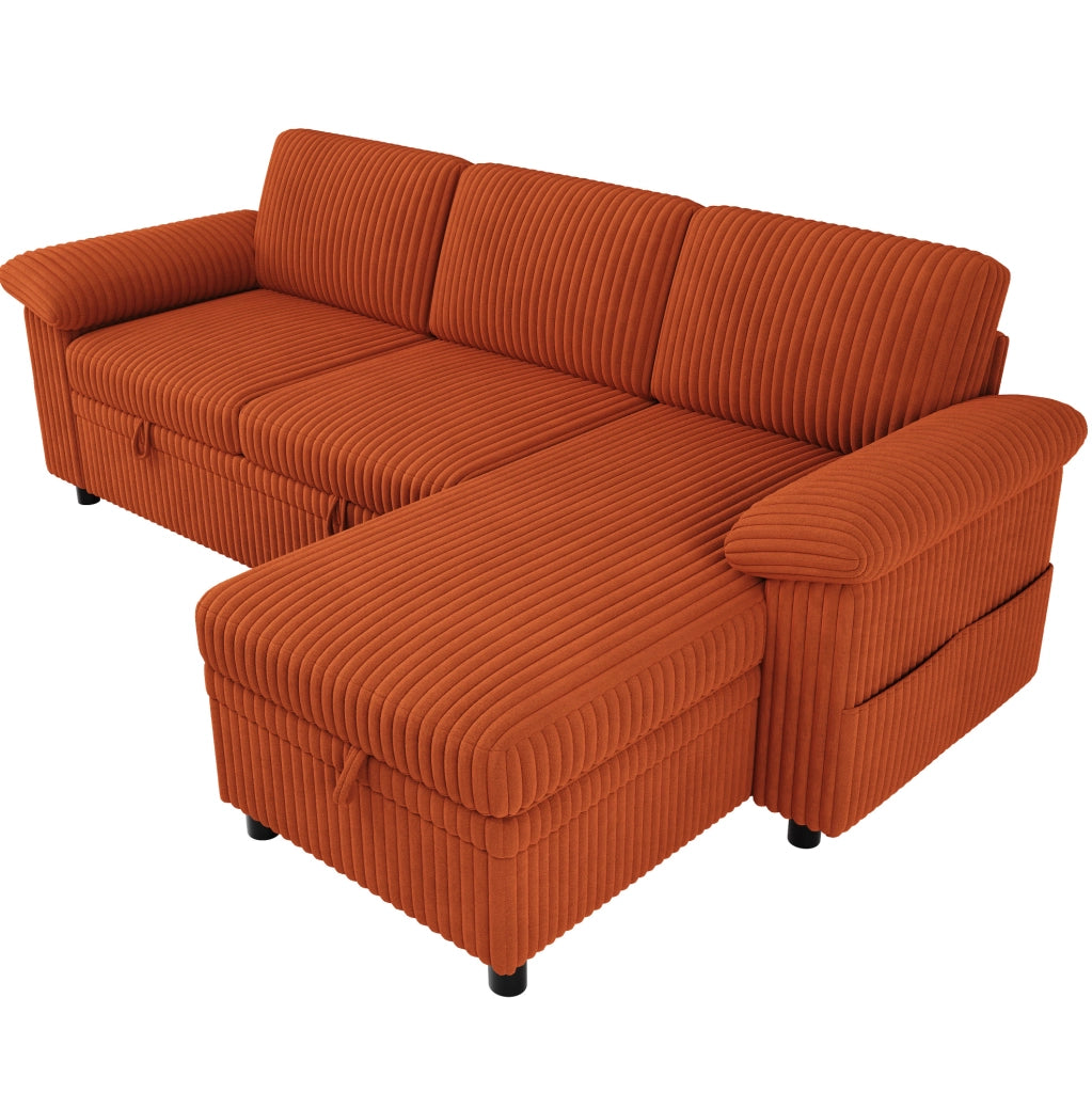 Divano angolare a L con letto estraibile; 212x150 cm; in corduroy arancione