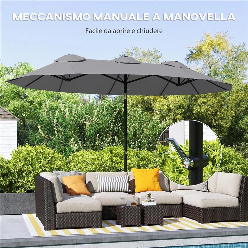 OMBRELLONE DOPPIO INCLINABILE A 45° CON MANOVELLA E PRESE D'ARIA IN ACCIAIO E POLIESTERE 285X147X227 CM GRIGIO