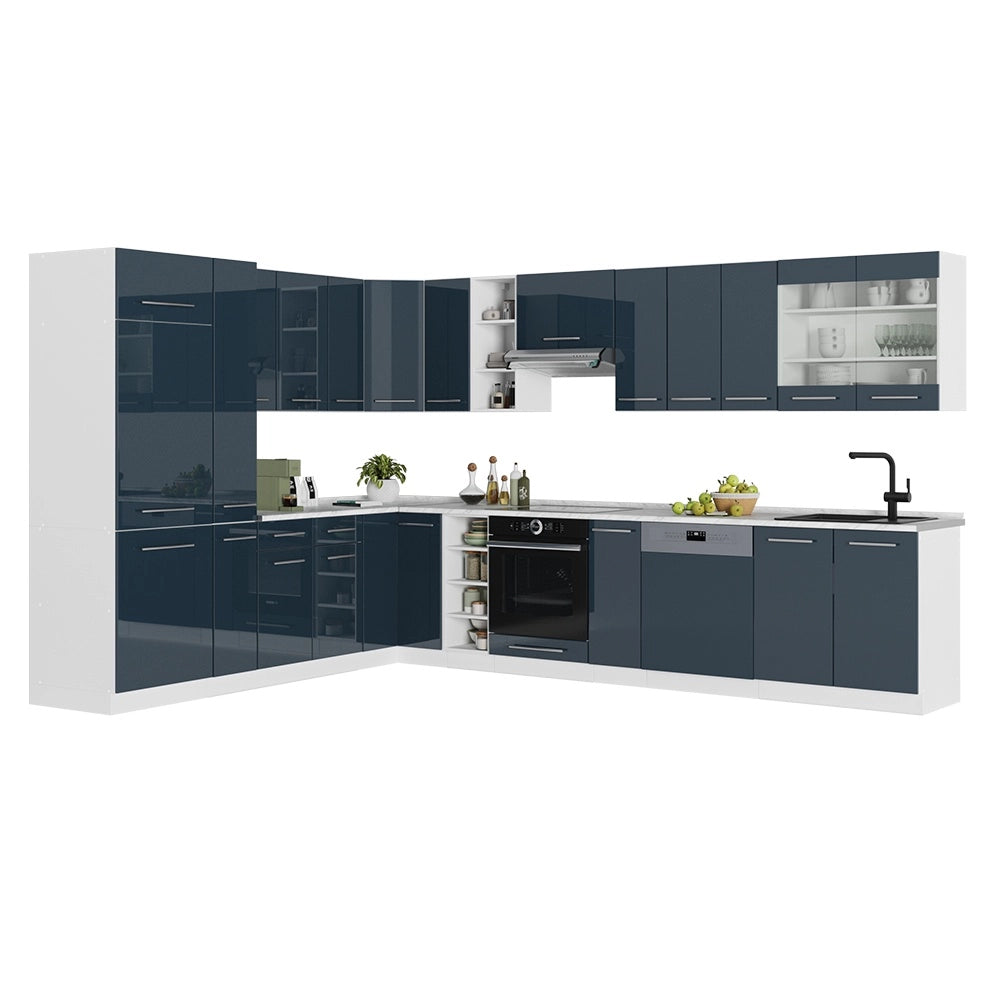 Cucina angolare completa Fame-Line Blu scuro lucido/Bianco 347 x 257 cm, PL Marmo Vicco