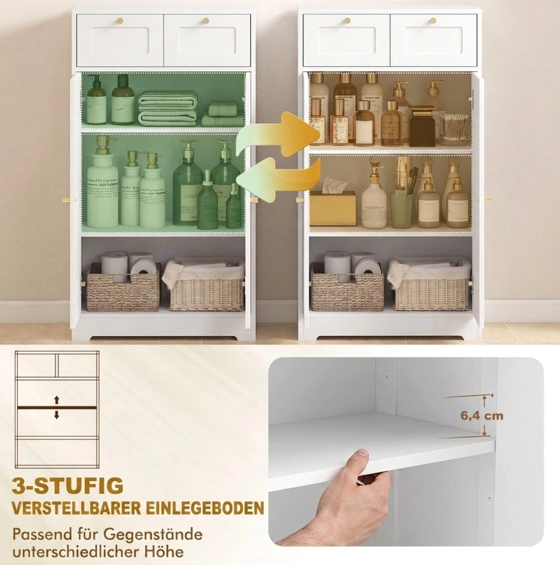Mobiletto bagno bianco con 2 cassetti e ripiano regolabile 60x30x108 cm