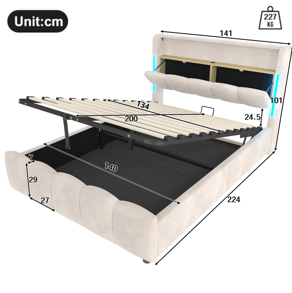 Letto matrimoniale imbottito 140x200 cm in velluto beige con LED; contenitore e porte USB Type-C