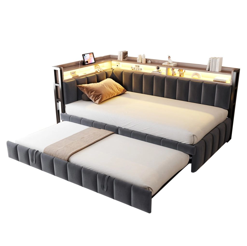 Divano letto estraibile 90x200 cm in velluto grigio scuro con LED; USB e vano portaoggetti