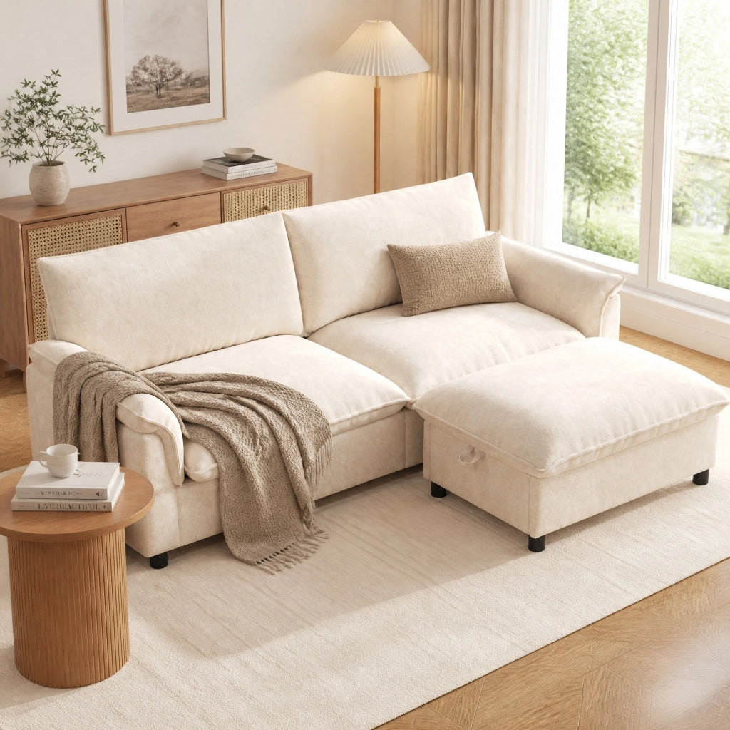 Divano modulare a sezione tipo cloud in Chenille beige con pouf mobile e contenitore