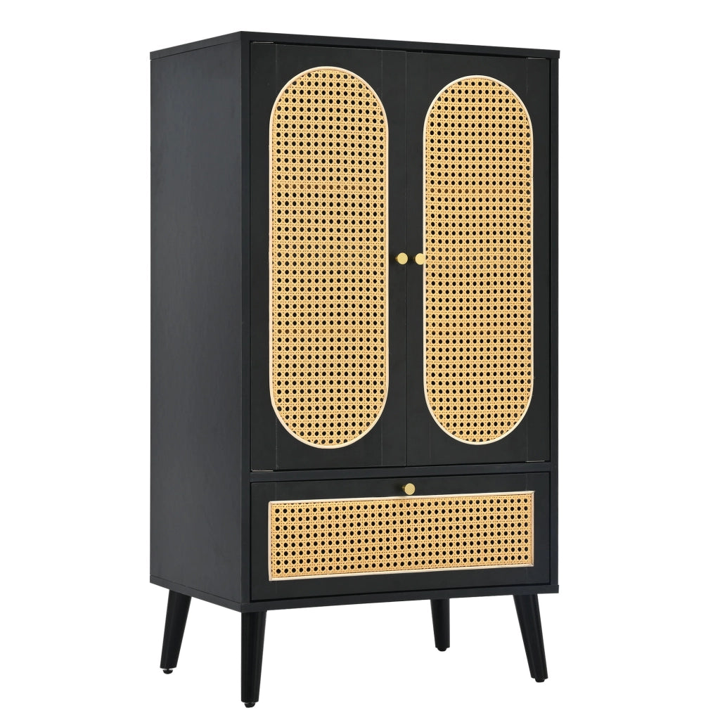 Madia compatta nera effetto rattan 110 cm, 2 ante e 1 cassetto, con ripiani interni