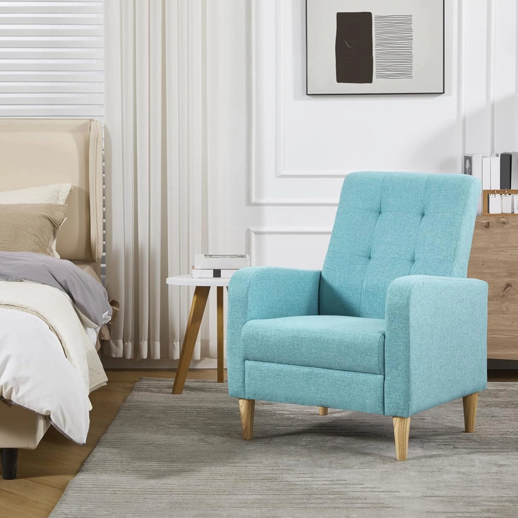 Poltrona da Salotto, Poltrona Relax con Schienale Alto, Sedia di Relax con Pieno Legno Massello Piedi, Seduta Imbottita, Rivestimento in Lino, per Salotto, Ufficio, Blu, SKS41bl