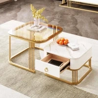 Set di Tavolini da Salotto Impilabili in Marmo Lucido e Vetro con Dettagli Dorati e Cassetti, 60x60x42,5 cm + 50x50x34 cm, Bianco
