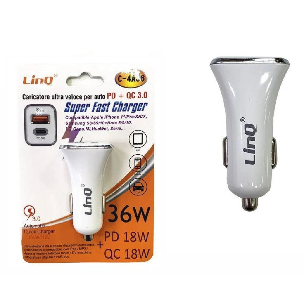 Trade Shop - Caricabatterie Caricatore Da Auto Adattatore Ultra Rapido Pd + Qc 3.0 36w C-4a36 -